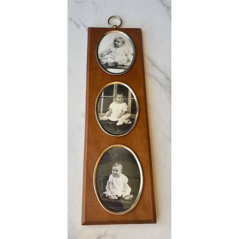 Vintage Wood Triple Oval Photo Frame Wall Hanging Black and White Baby Pictures